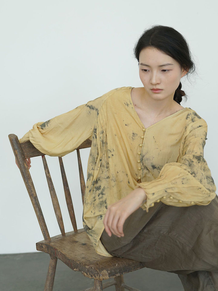 Women Summer Vintage Ink-print V-Neck Loose Shirt LL012 BUYKUD