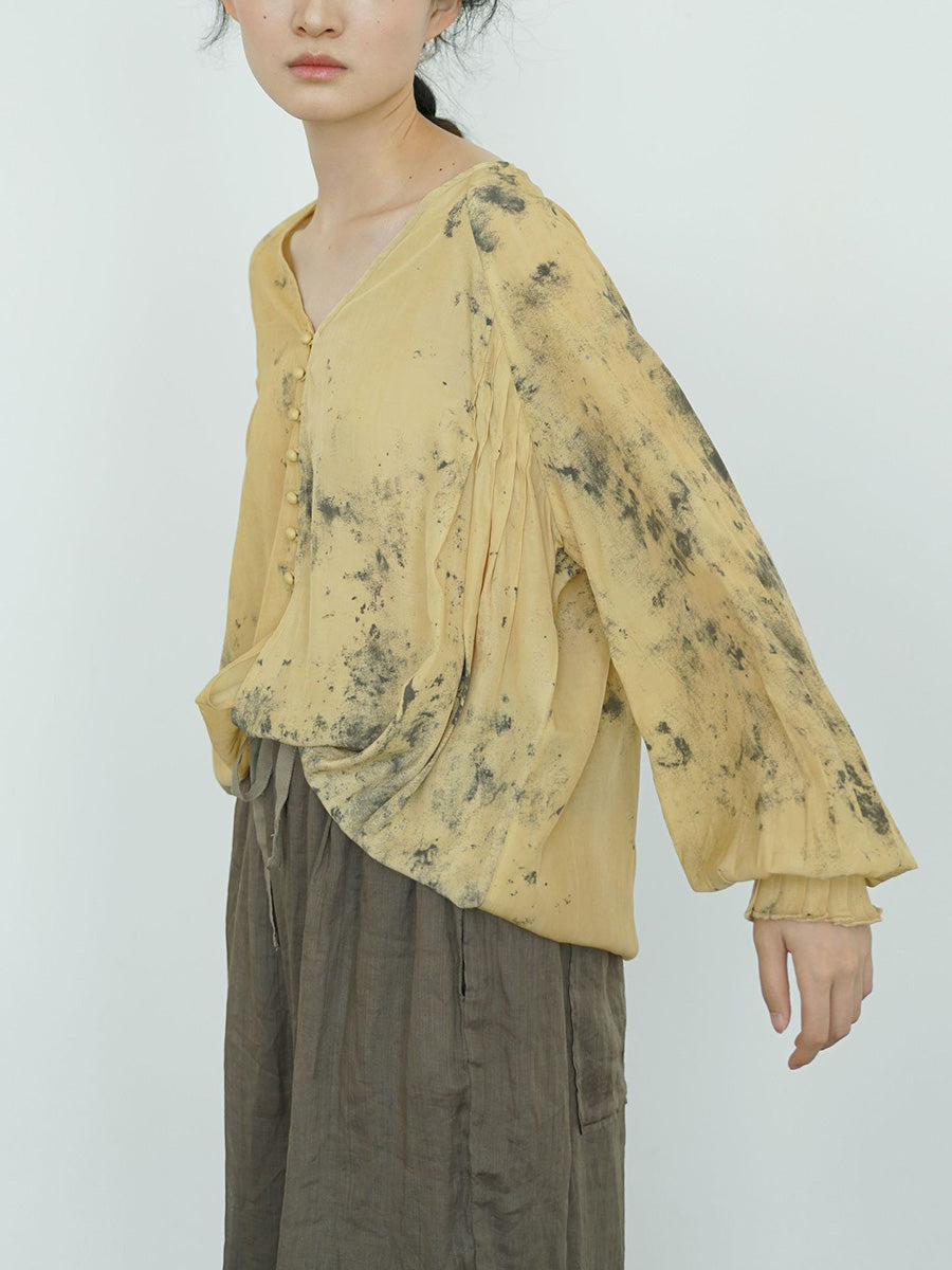 Women Summer Vintage Ink-print V-Neck Loose Shirt LL012 BUYKUD