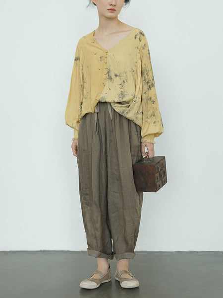 Women Summer Vintage Ink-print V-Neck Loose Shirt LL012 BUYKUD