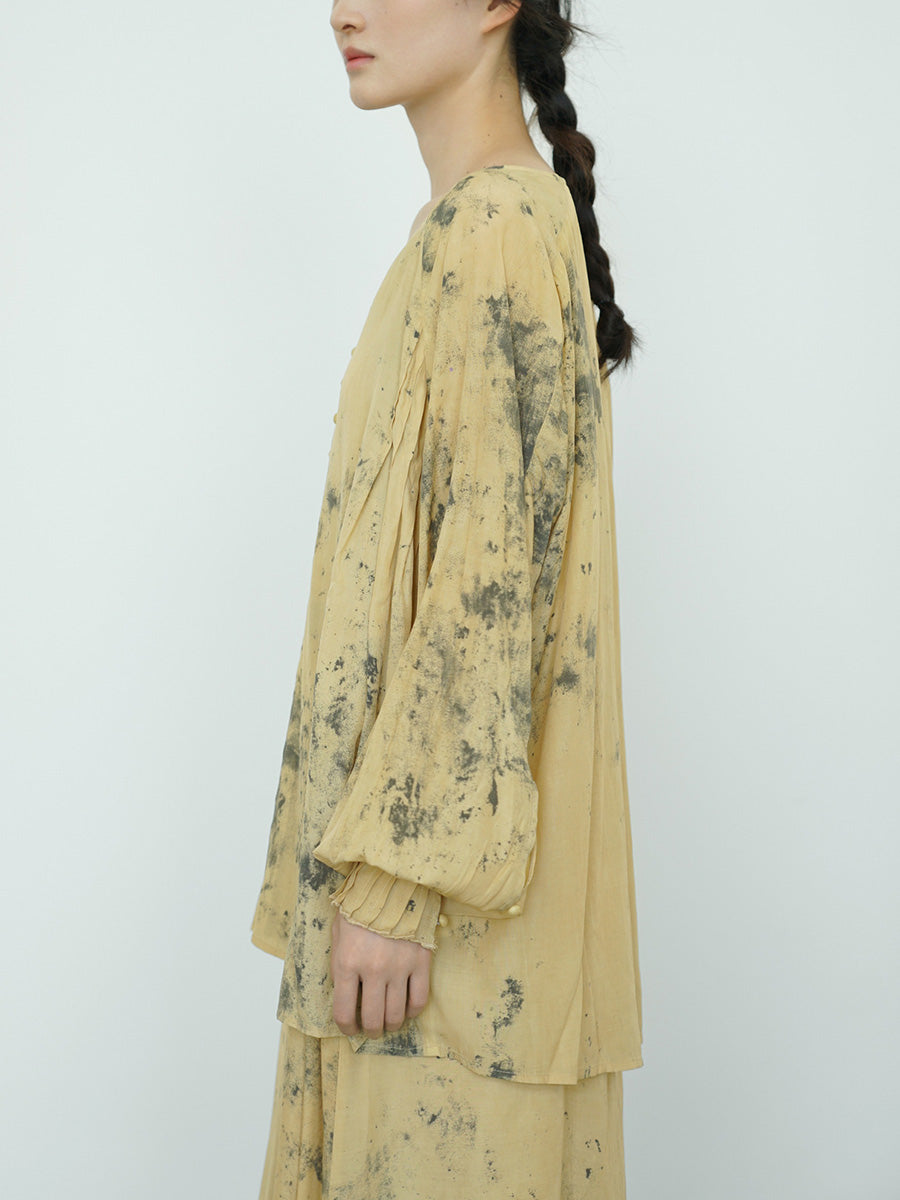 Women Summer Vintage Ink-print V-Neck Loose Shirt LL012 BUYKUD