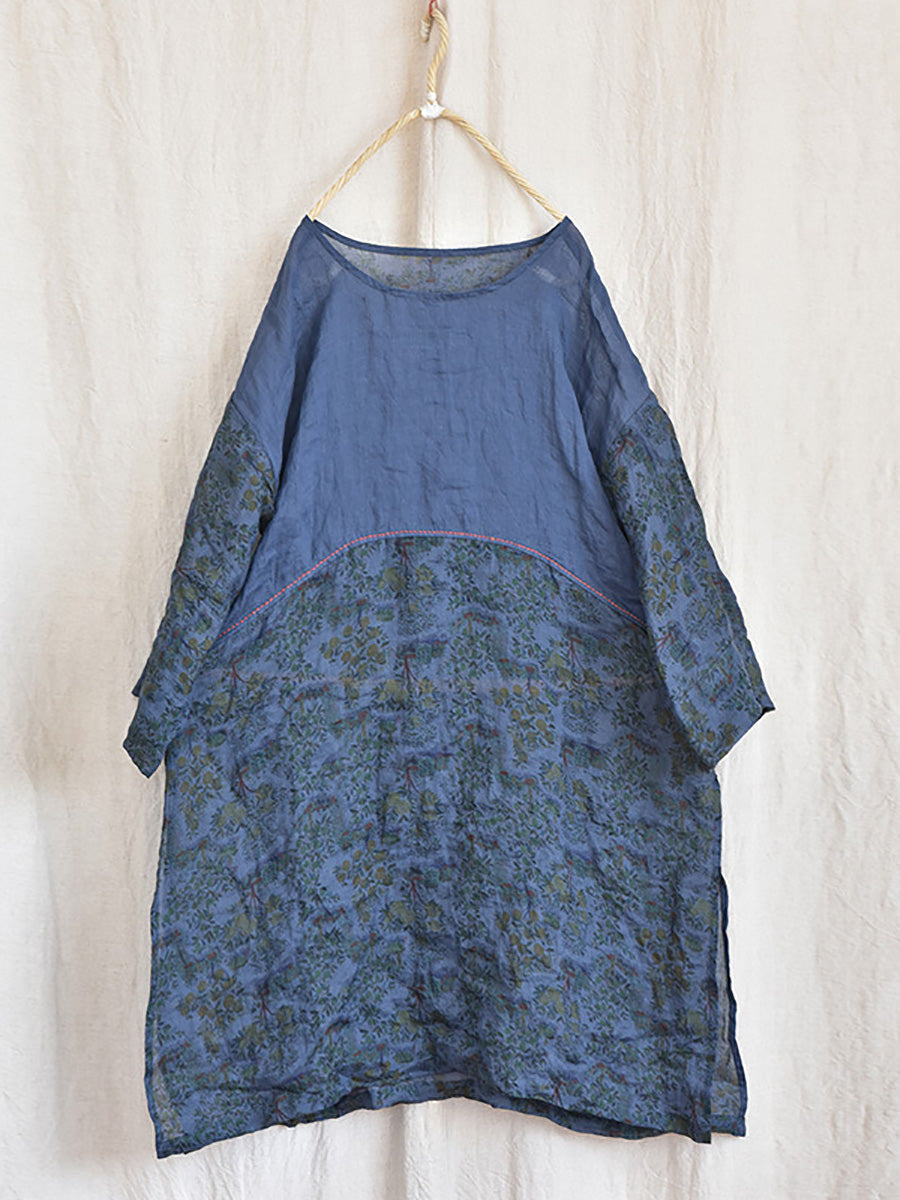 Women Summer Vintage Foral Spliced O-Neck Ramie Shirt LL017 QYMM