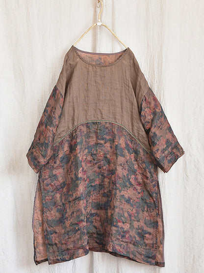 Women Summer Vintage Foral Spliced O-Neck Ramie Shirt LL017 QYMM