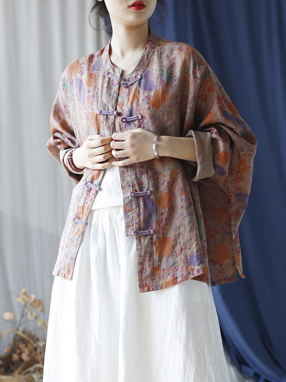 Women Summer Vintage Floral Button-up Ramie Shirt LL021 XIM