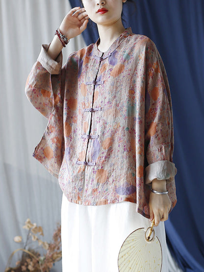 Women Summer Vintage Floral Button-up Ramie Shirt LL021 XIM