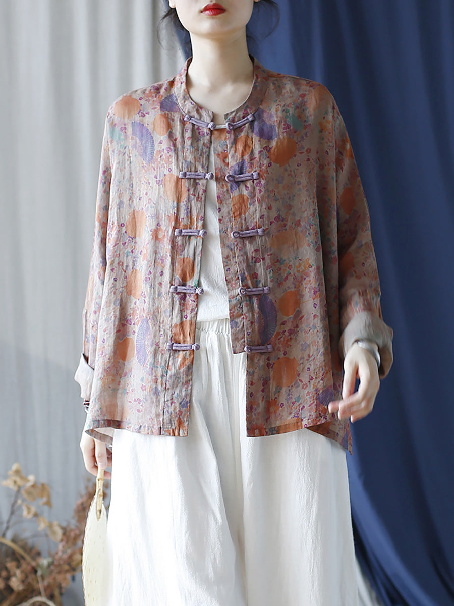 Women Summer Vintage Floral Button-up Ramie Shirt LL021 XIM