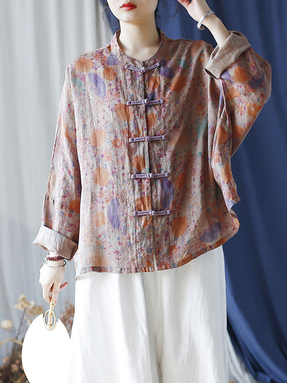 Women Summer Vintage Floral Button-up Ramie Shirt LL021 XIM