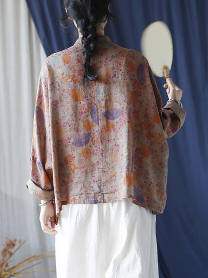 Women Summer Vintage Floral Button-up Ramie Shirt LL021 XIM