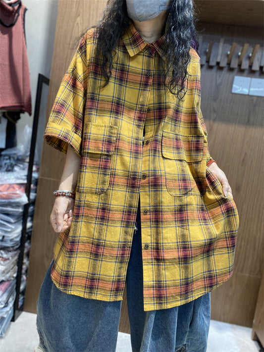 Women Summer Vintage Plaid Button-up Cotton Shirt LL013 GLL