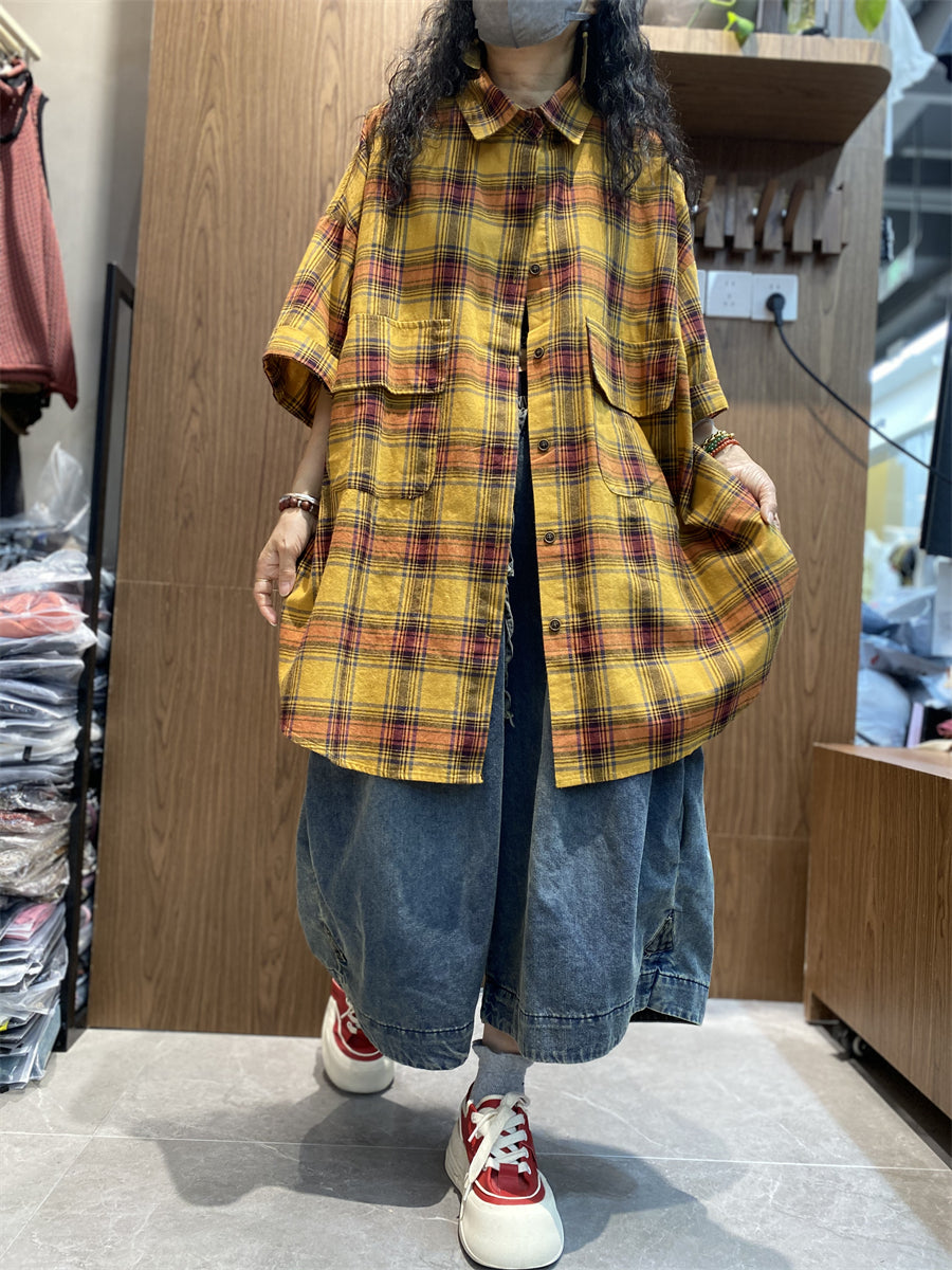 Women Summer Vintage Plaid Button-up Cotton Shirt LL013 GLL