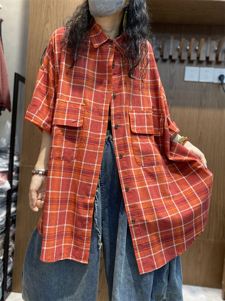 Women Summer Vintage Plaid Button-up Cotton Shirt LL013 GLL