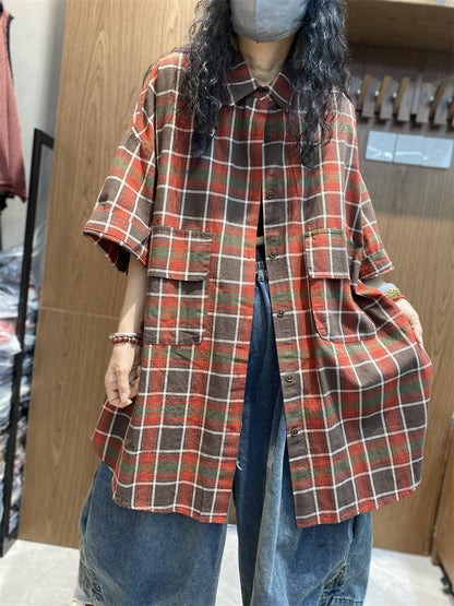 Women Summer Vintage Plaid Button-up Cotton Shirt LL013 GLL