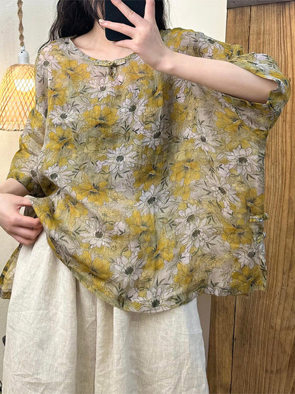 Women Summer Vintage Flower O-Neck Ramie Shirt LL014 LSFZ