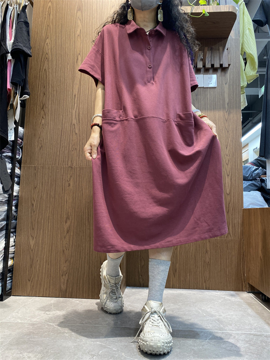 Plus Size Women Spring Casual Solid Turn-down Loose Dress AK1009 Genistyle Shop