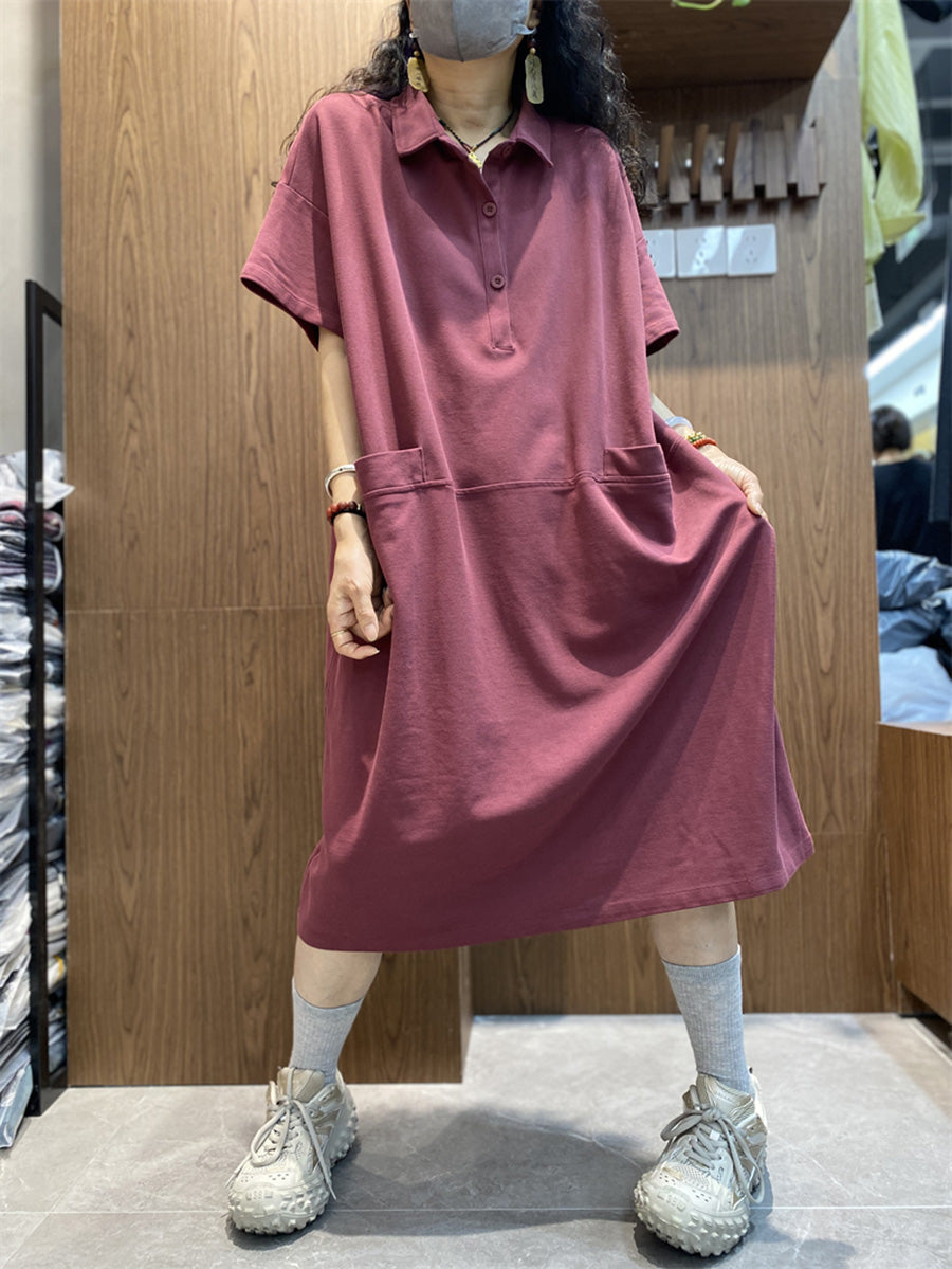 Plus Size Women Spring Casual Solid Turn-down Loose Dress AK1009 Genistyle Shop