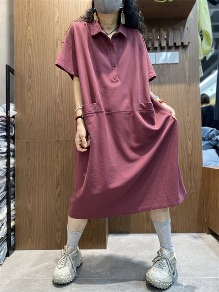 Plus Size Women Spring Casual Solid Turn-down Loose Dress AK1009 Genistyle Shop