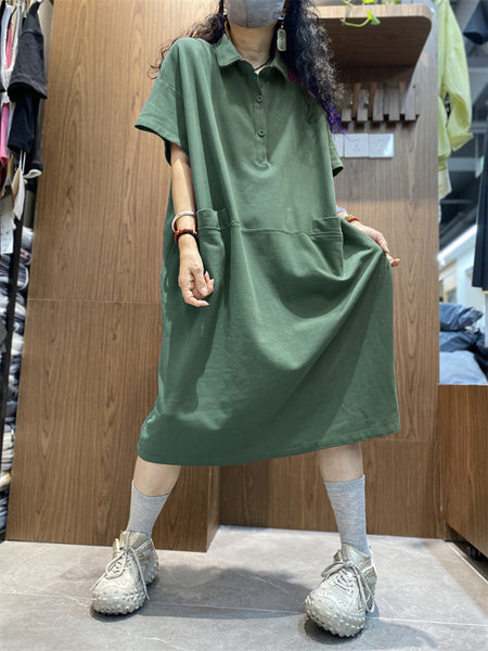 Plus Size Women Spring Casual Solid Turn-down Loose Dress AK1009 Genistyle Shop