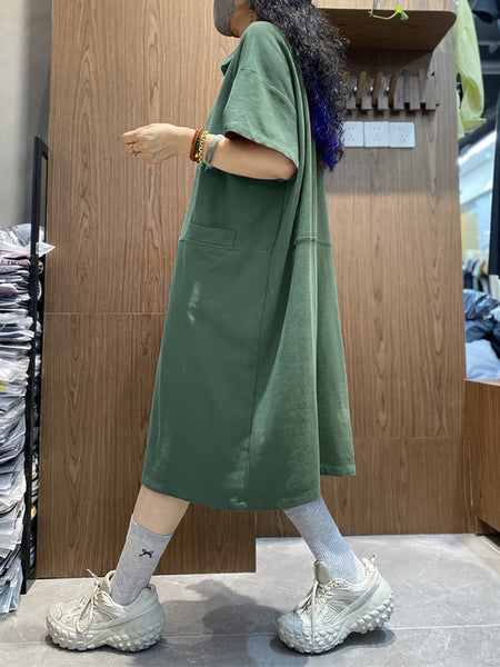 Plus Size Women Spring Casual Solid Turn-down Loose Dress AK1009 Genistyle Shop