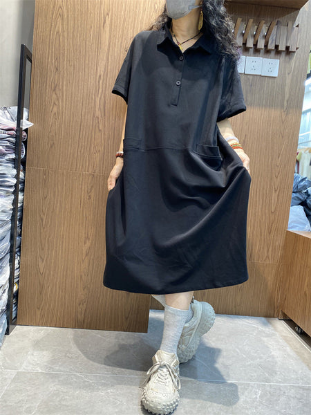 Plus Size Women Spring Casual Solid Turn-down Loose Dress AK1009 Genistyle Shop