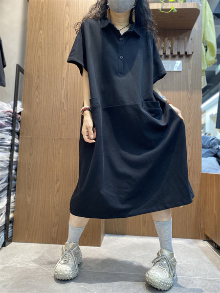 Plus Size Women Spring Casual Solid Turn-down Loose Dress AK1009 Genistyle Shop