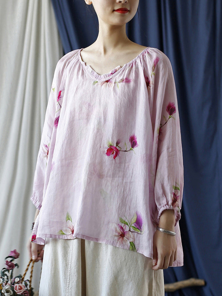 Women Summer Artsy Flower V-Neck Ramie Loose Shirt CC034 BUYKUD