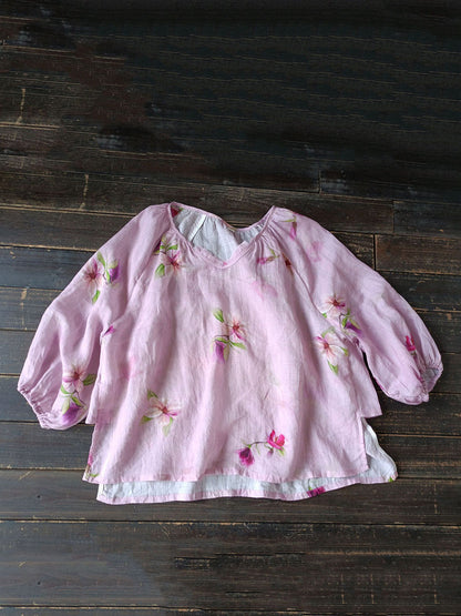 Women Summer Artsy Flower V-Neck Ramie Loose Shirt CC034 BUYKUD