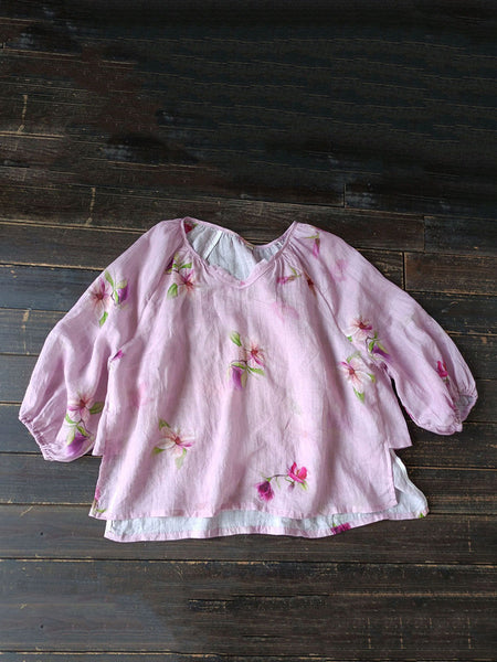 Women Summer Artsy Flower V-Neck Ramie Loose Shirt CC034 BUYKUD