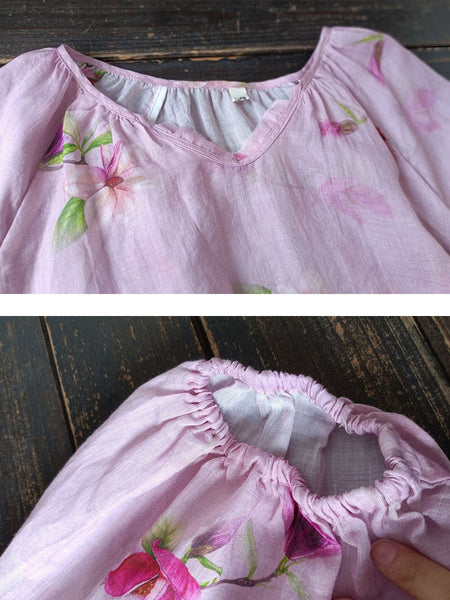 Women Summer Artsy Flower V-Neck Ramie Loose Shirt CC034 BUYKUD