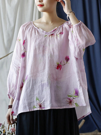Women Summer Artsy Flower V-Neck Ramie Loose Shirt CC034 BUYKUD