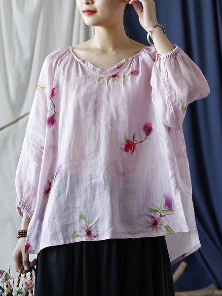 Women Summer Artsy Flower V-Neck Ramie Loose Shirt CC034 BUYKUD