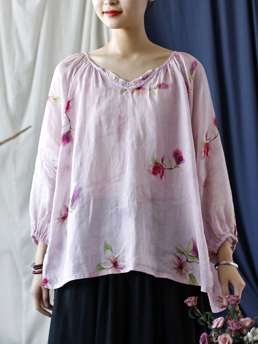 Women Summer Artsy Flower V-Neck Ramie Loose Shirt CC034 BUYKUD