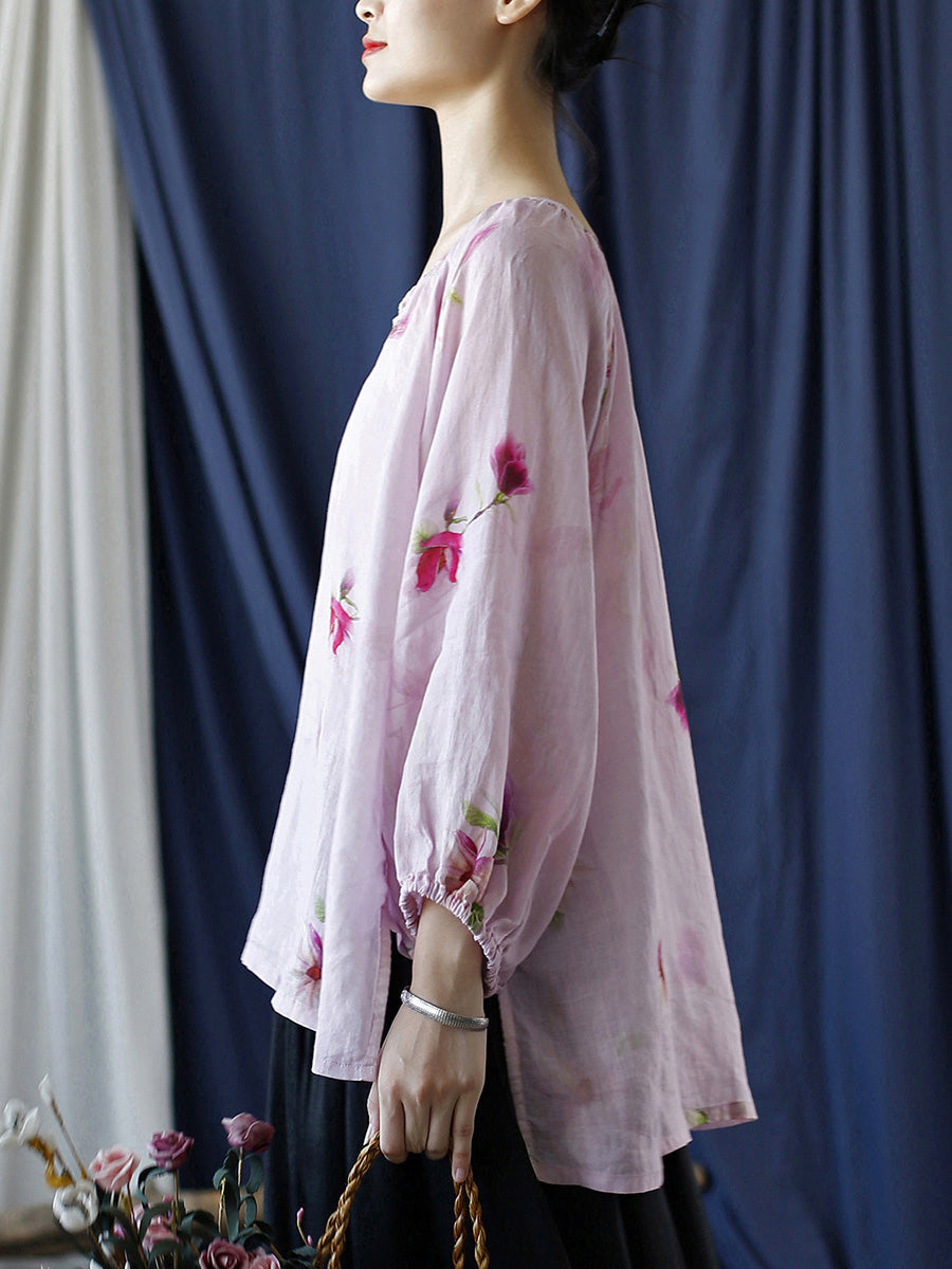 Women Summer Artsy Flower V-Neck Ramie Loose Shirt CC034 BUYKUD