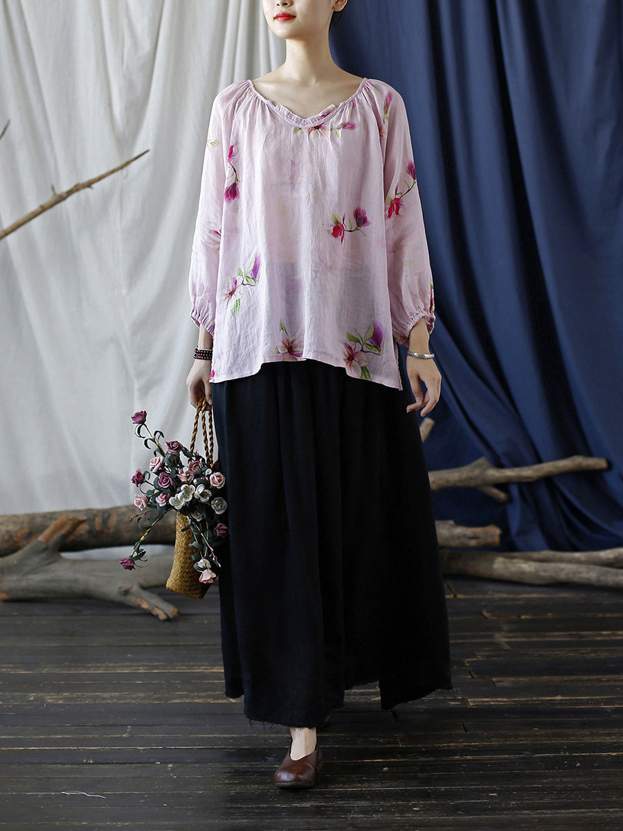 Women Summer Artsy Flower V-Neck Ramie Loose Shirt CC034 BUYKUD