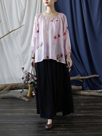 Women Summer Artsy Flower V-Neck Ramie Loose Shirt CC034 BUYKUD
