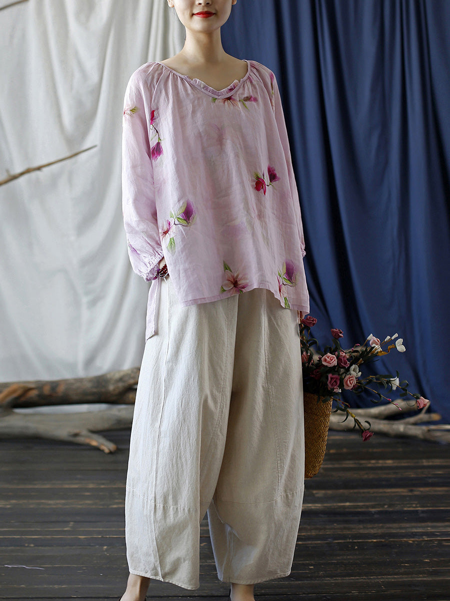 Women Summer Artsy Flower V-Neck Ramie Loose Shirt CC034 BUYKUD