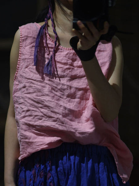 Women Summer Casual Solid O-Neck Loose Linen Vest CC052 BUYKUD