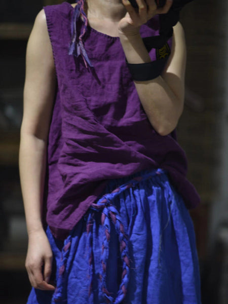 Women Summer Casual Solid O-Neck Loose Linen Vest CC052 BUYKUD