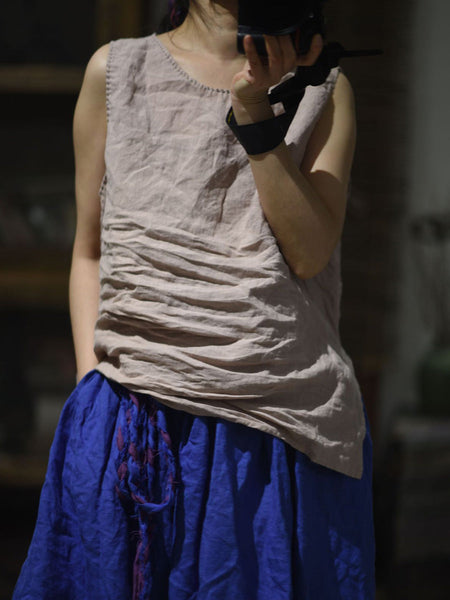 Women Summer Casual Solid O-Neck Loose Linen Vest CC052 BUYKUD