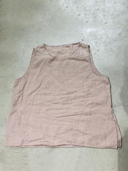 Women Summer Casual Solid O-Neck Loose Linen Vest CC052 BUYKUD