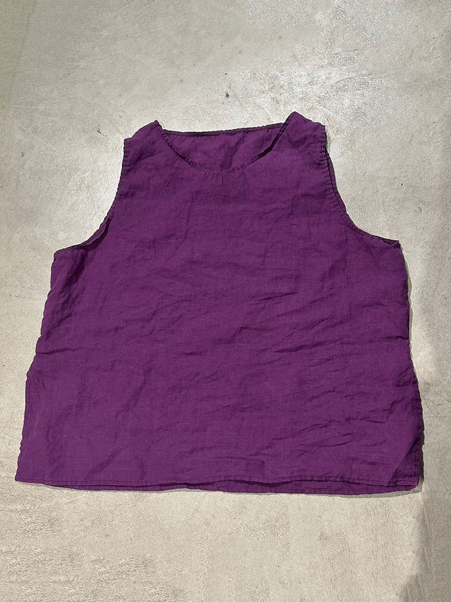 Women Summer Casual Solid O-Neck Loose Linen Vest CC052 BUYKUD