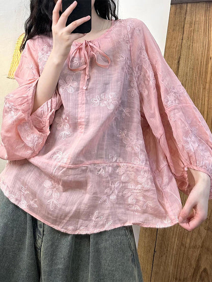 Women Summer Flower Embroidery Strap Ramie Shirt CC041 ZMMM