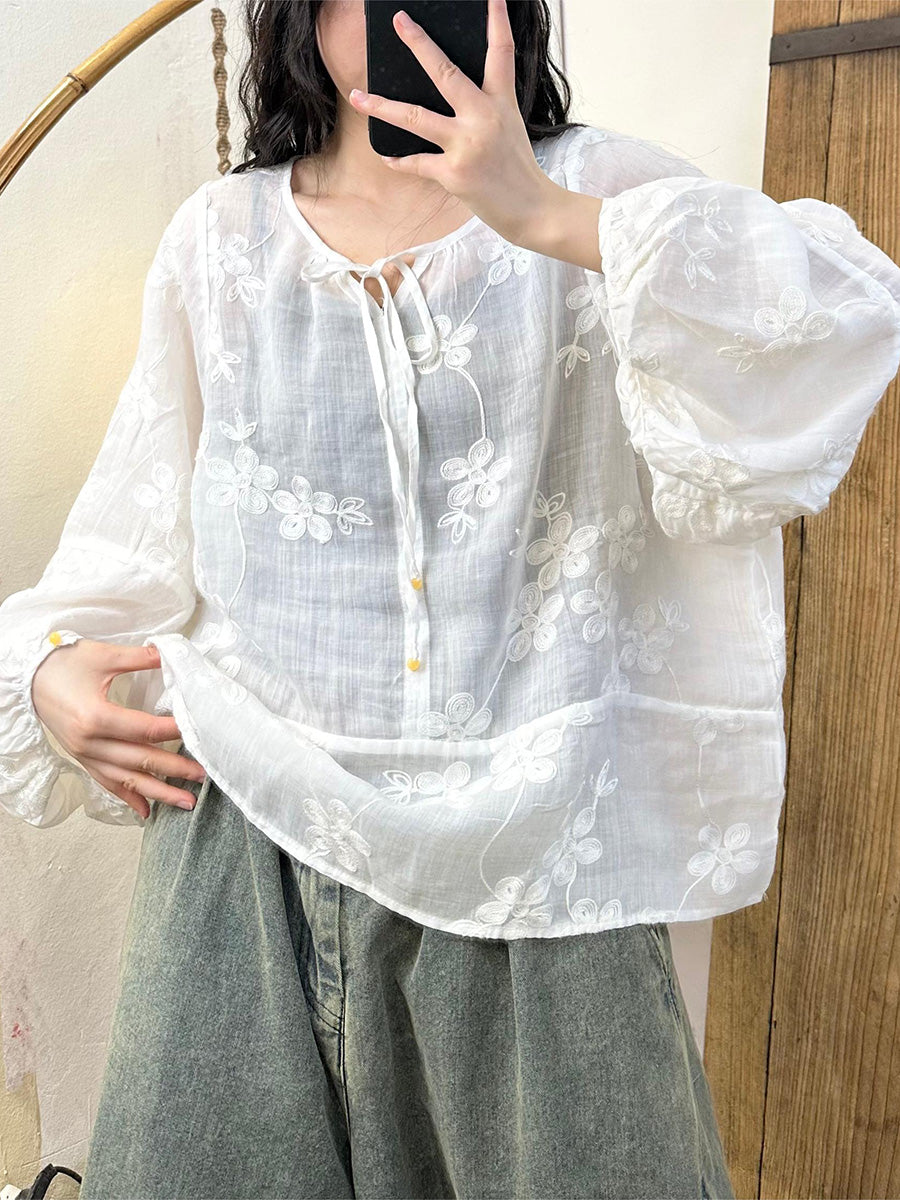 Women Summer Flower Embroidery Strap Ramie Shirt CC041 ZMMM