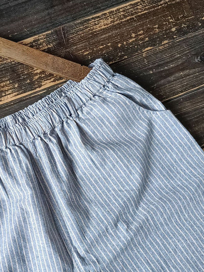Women Summer Artsy Stripe Wide-leg Linen Cotton Pants CC042 XIM