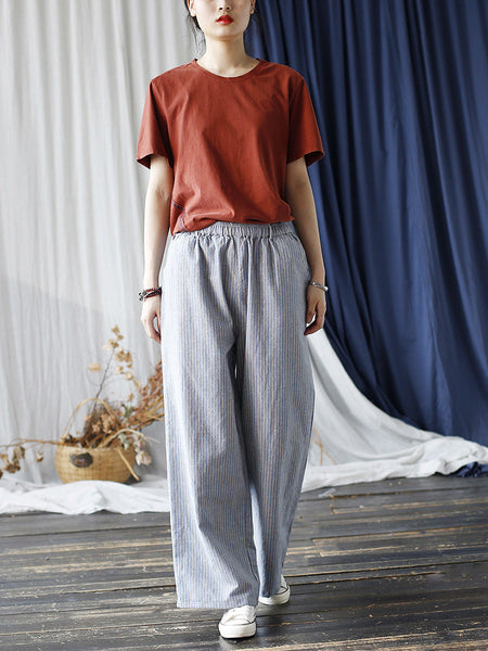 Women Summer Artsy Stripe Wide-leg Linen Cotton Pants CC042 XIM