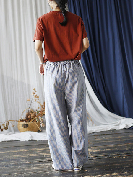 Women Summer Artsy Stripe Wide-leg Linen Cotton Pants CC042 XIM