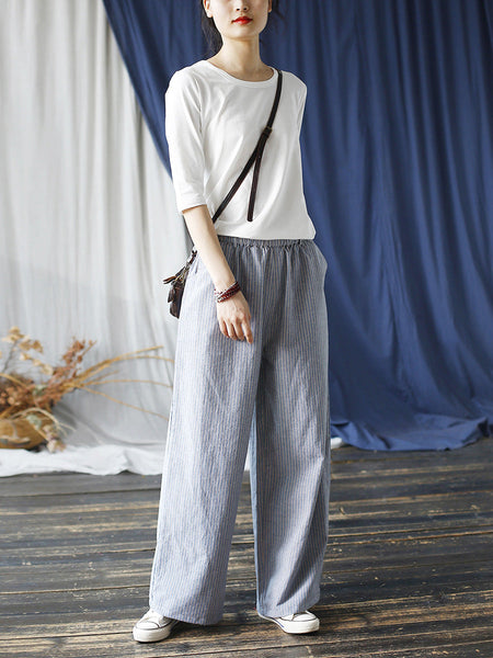 Women Summer Artsy Stripe Wide-leg Linen Cotton Pants CC042 XIM