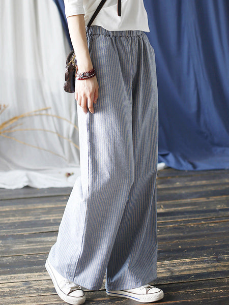 Women Summer Artsy Stripe Wide-leg Linen Cotton Pants CC042 XIM