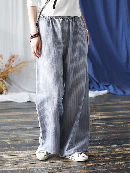 Women Summer Artsy Stripe Wide-leg Linen Cotton Pants CC042 XIM