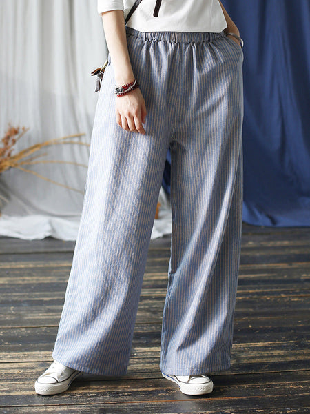 Women Summer Artsy Stripe Wide-leg Linen Cotton Pants CC042 XIM