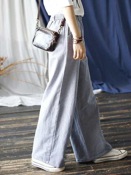 Women Summer Artsy Stripe Wide-leg Linen Cotton Pants CC042 XIM