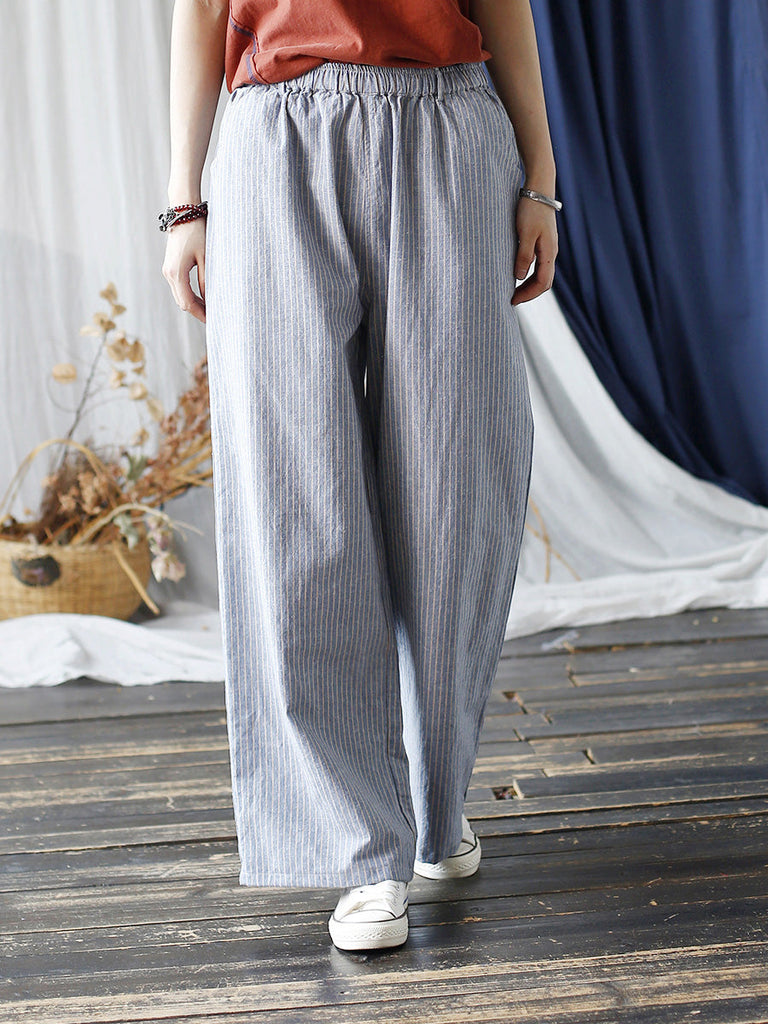 Women Summer Artsy Stripe Wide-leg Linen Cotton Pants CC042 XIM